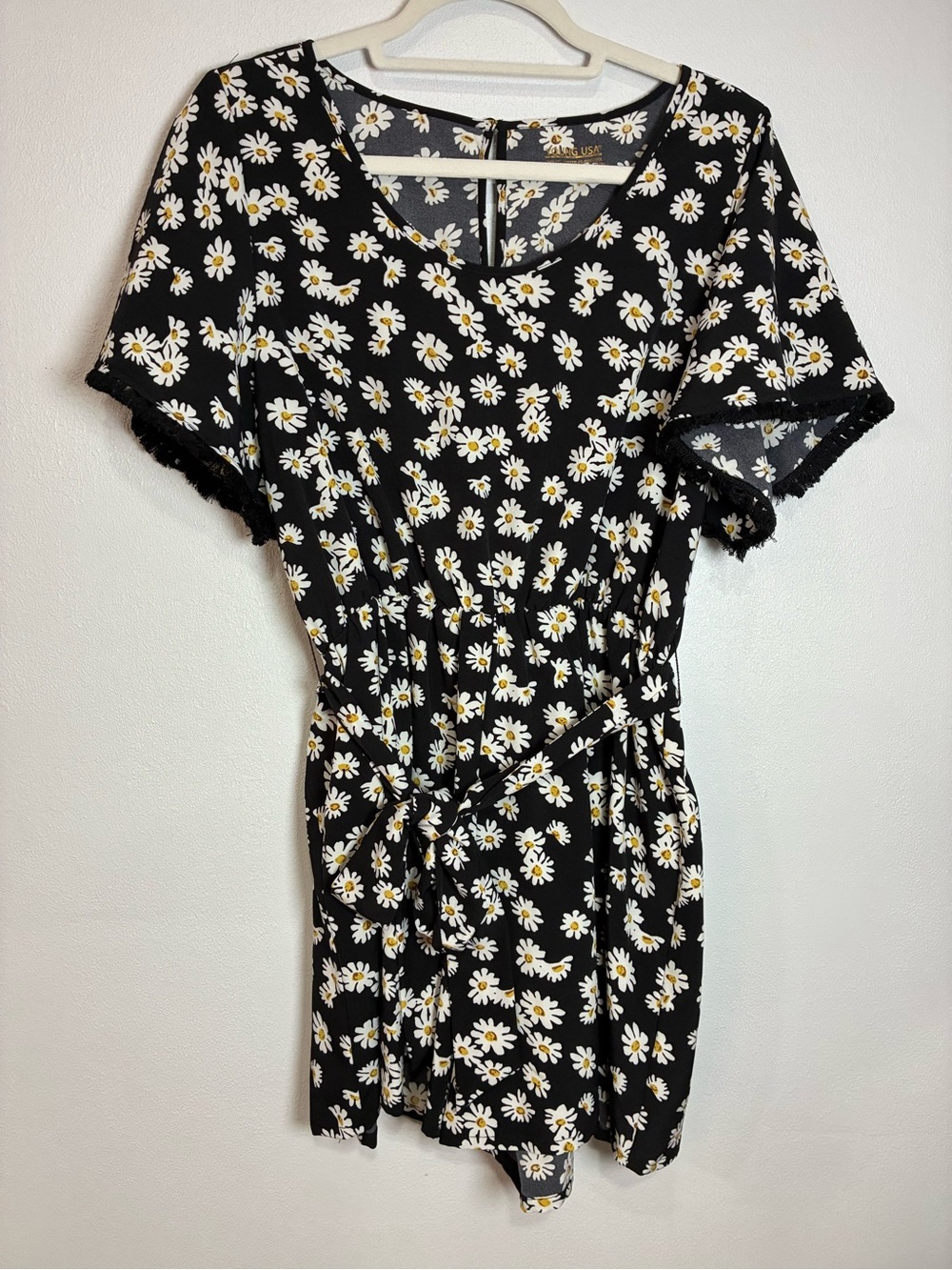 Black Daisy Print jumper with Tie Waist and fringe sleeves